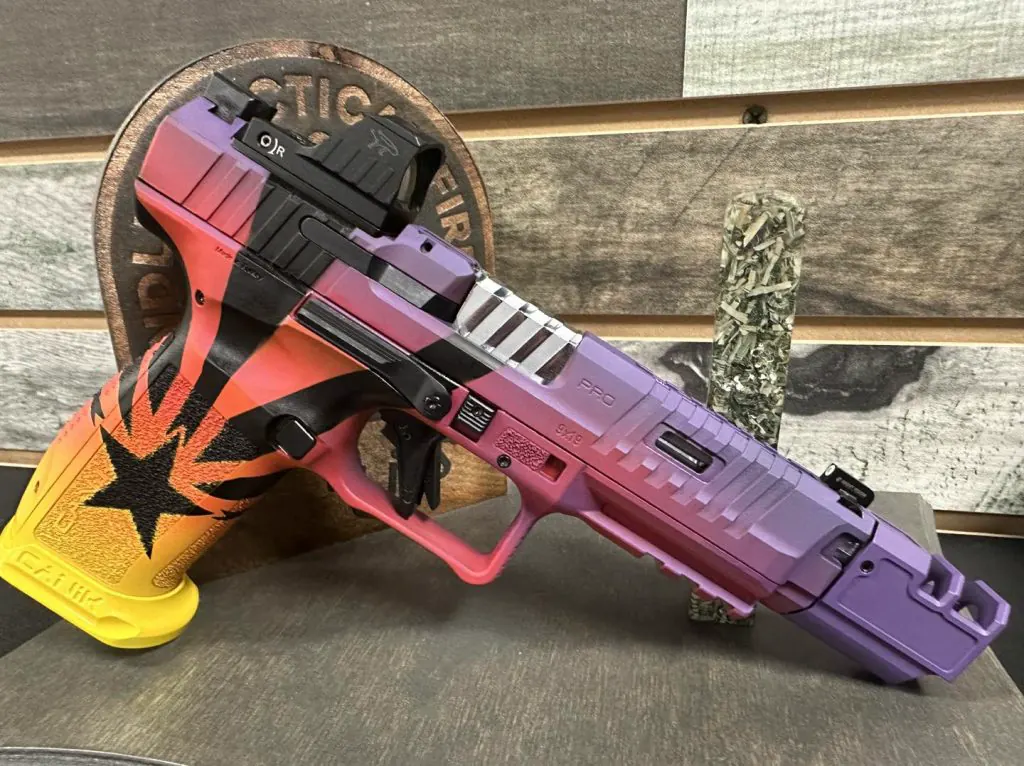 Detailed custom Cerakote pattern across a firearm.