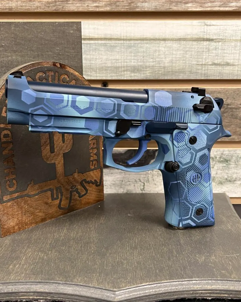 A pistol refinished in a distinctive custom Cerakote design.